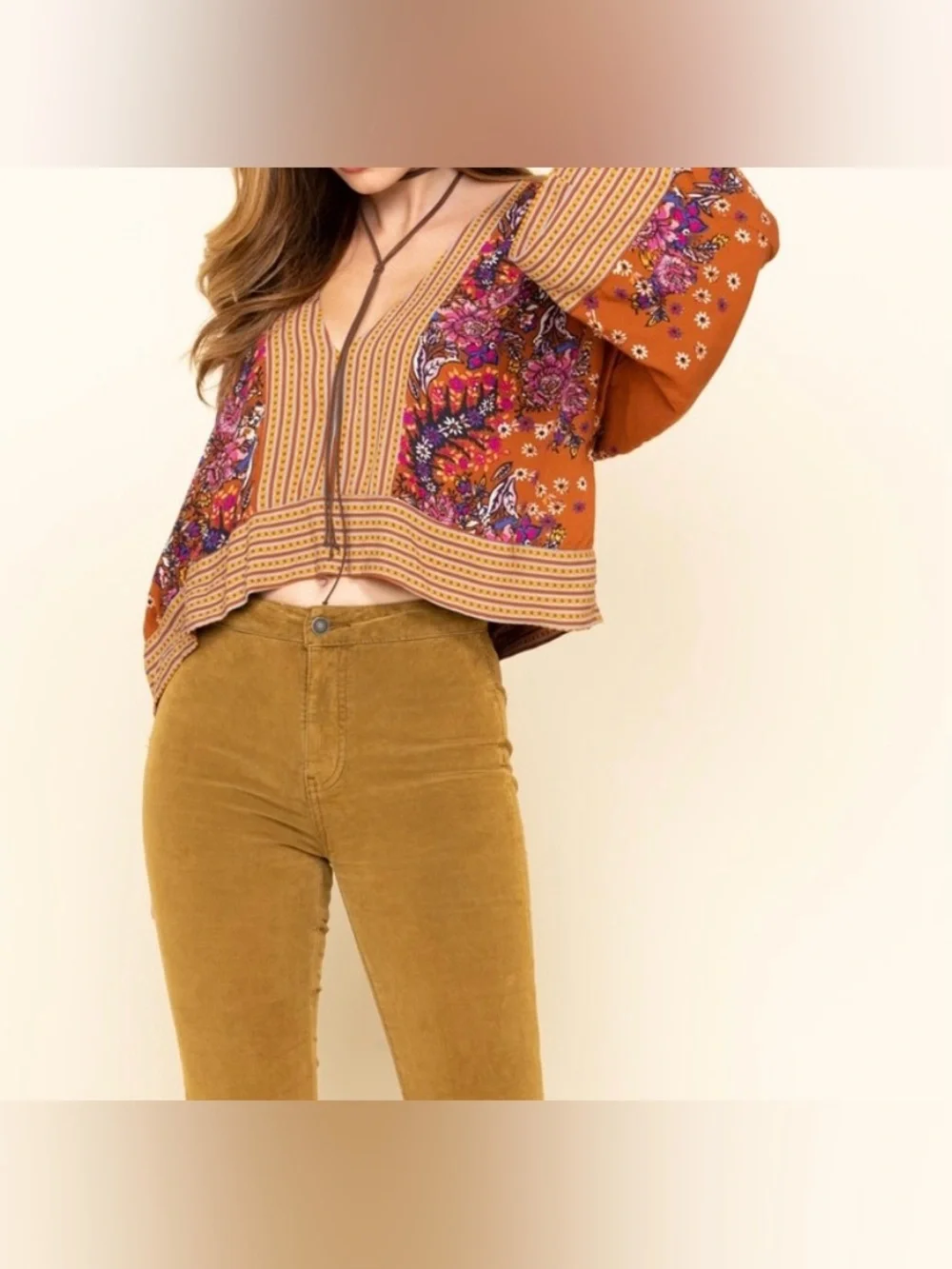 Free People Rust Multicolor Floral and Striped Blouse - Size M NWT